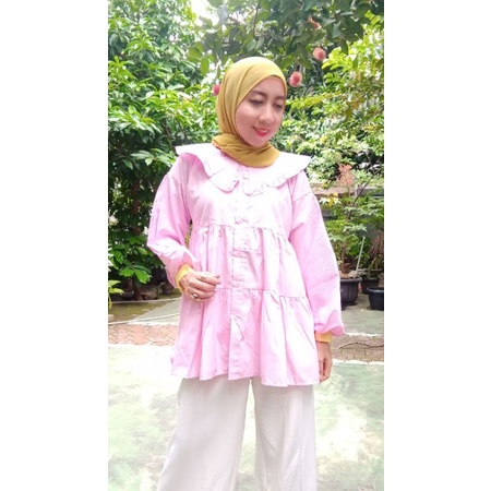 atasan salur umpak babydoll kerah korea