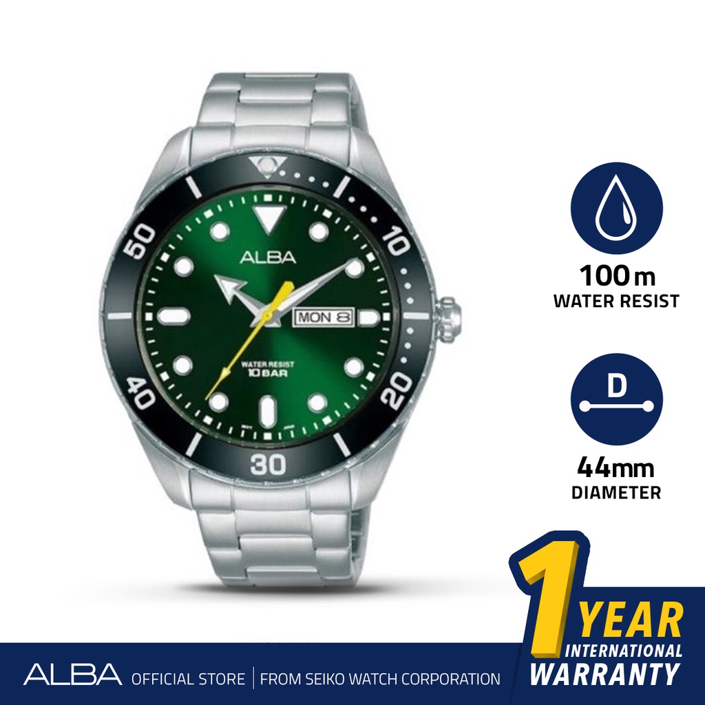 Alba Active Jam Tangan Pria AJ6111 / AJ6111X1 Quartz Green Dial Stainless Steel Strap Watch