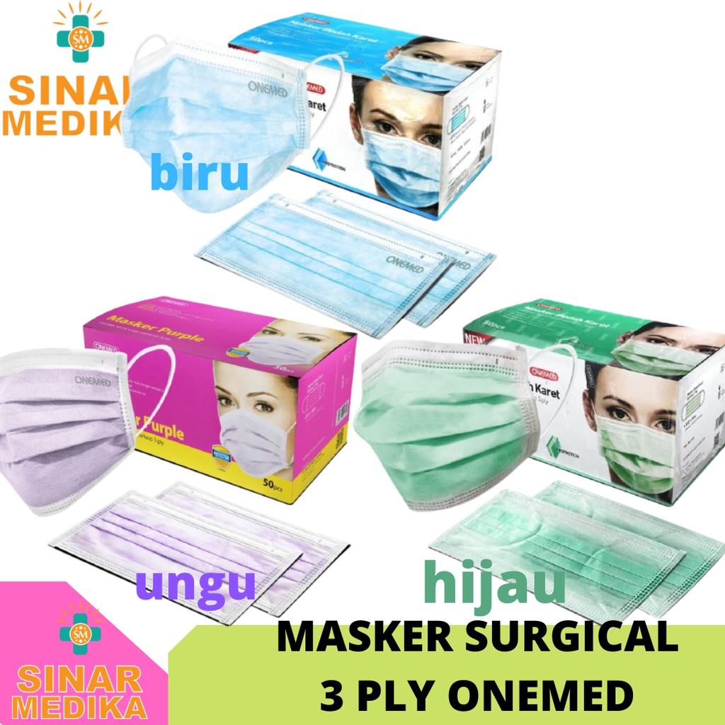 Masker Earloop Bedah Karet 3 ply ONEMED . Masker Earloop  Surgical Onemed 1 box isi 50 pcs anak dewasa