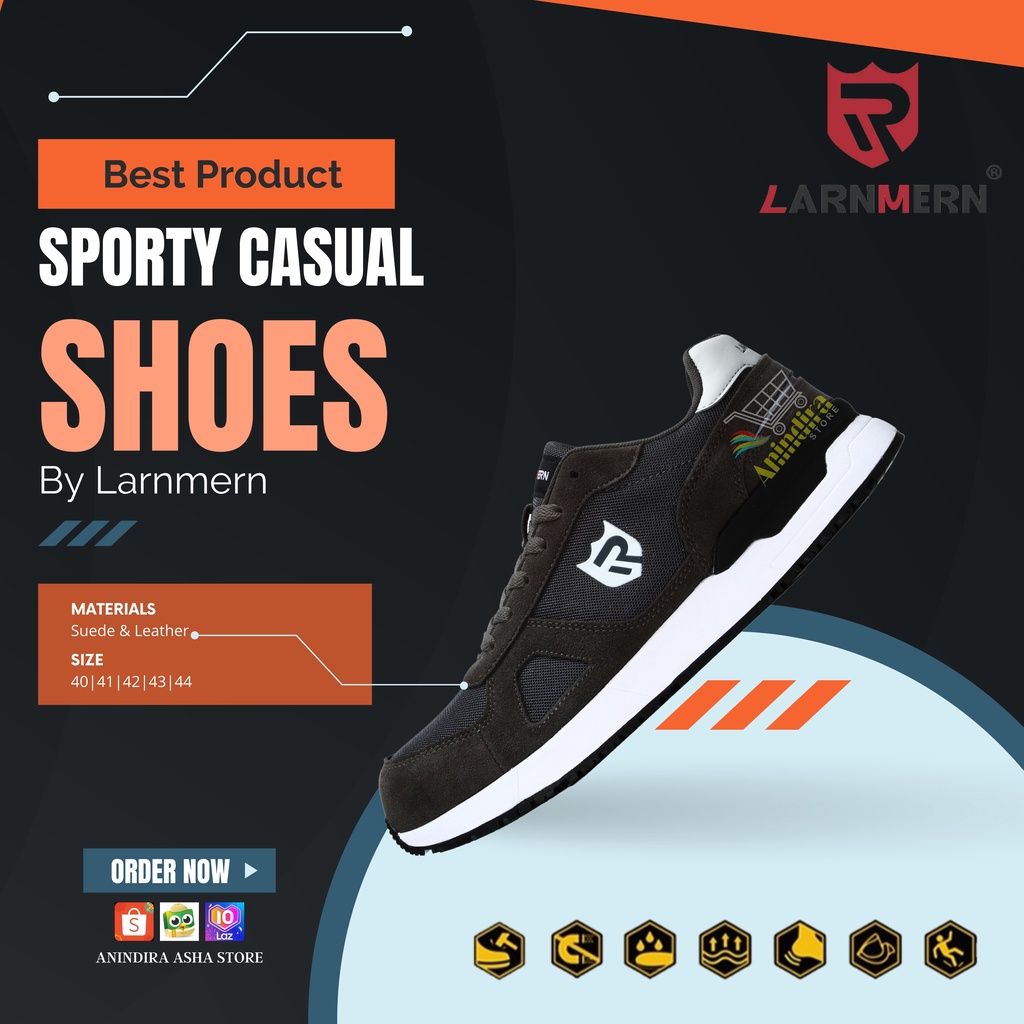 LARNMERN Sepatu Safety Sneakers Model Sporty Casual Anti Slip SRC/Dark grey/Coklat