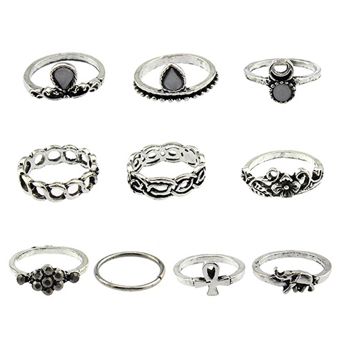 Hu Hu Hu Hu Hu Alat Bantu Pasang Kacamata♡ 10pcs / Set Cincin Buku Jari Aneka Bentuk Gaya Punk Vintage Warna Silver Untuk Wanita