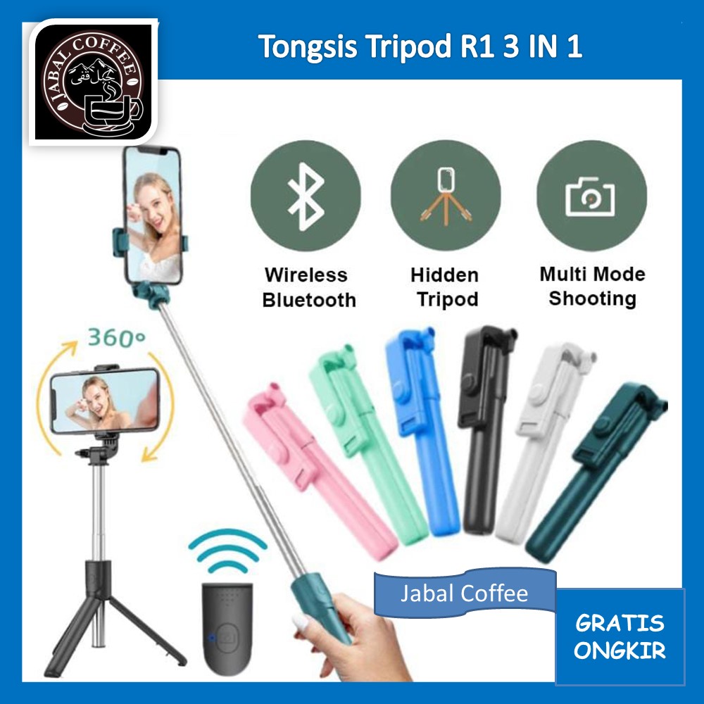 Tongsis Tripod Warna Random Murah Tongsis Tripod R1 3IN1 Selfie Stick 360 Derajat + Tomsis Bluetooth Random