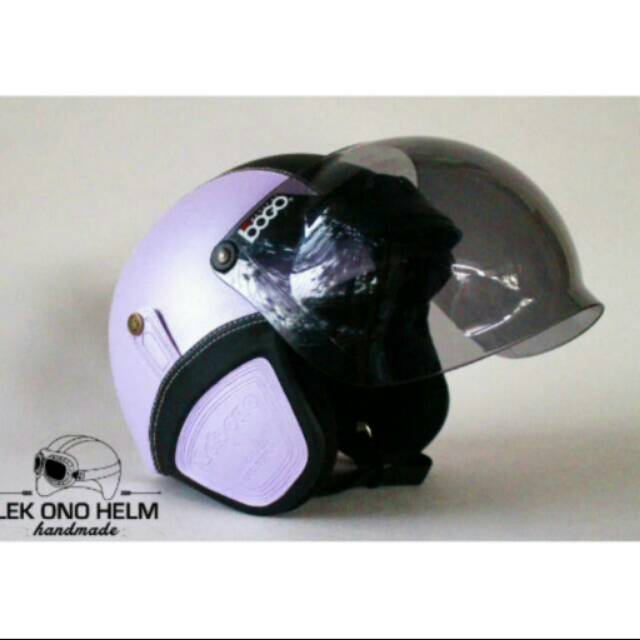 Helm bogo retro kulit classic ungu hitam + kaca bogo ori