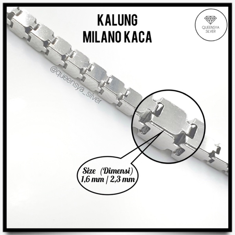 Kalung Perak Asli Silver 925 MILANO KACA 1,6MM/2,3 MM | Lapis Mas Putih Kuning 18K | Bukan Titanium