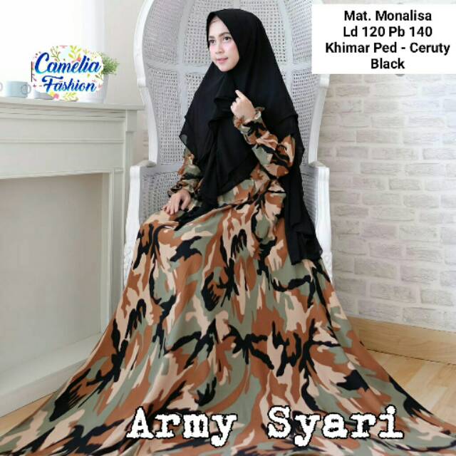 Gamis Army Syari Jumbo Bahan Monalisa Khimar Ceruty Ori Camelia