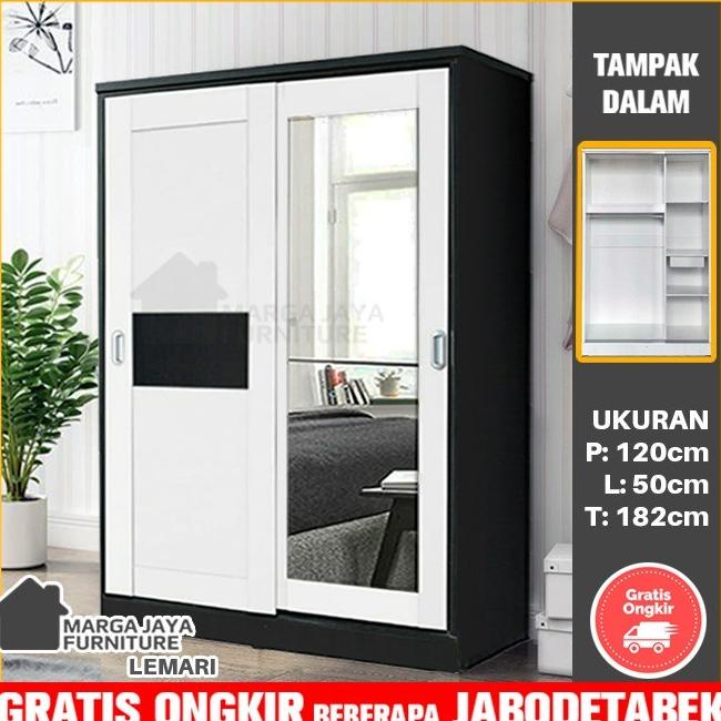 Lemari Pakaian Baju 2 Pintu Sliding Putih + Kaca Cermin Minimalis
