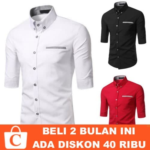 KEMEJA PRIA LENGAN 3 PER 4 POLOS KANTONG GARIS WARNA PUTIH HITAM MERAH BERKUALITAS