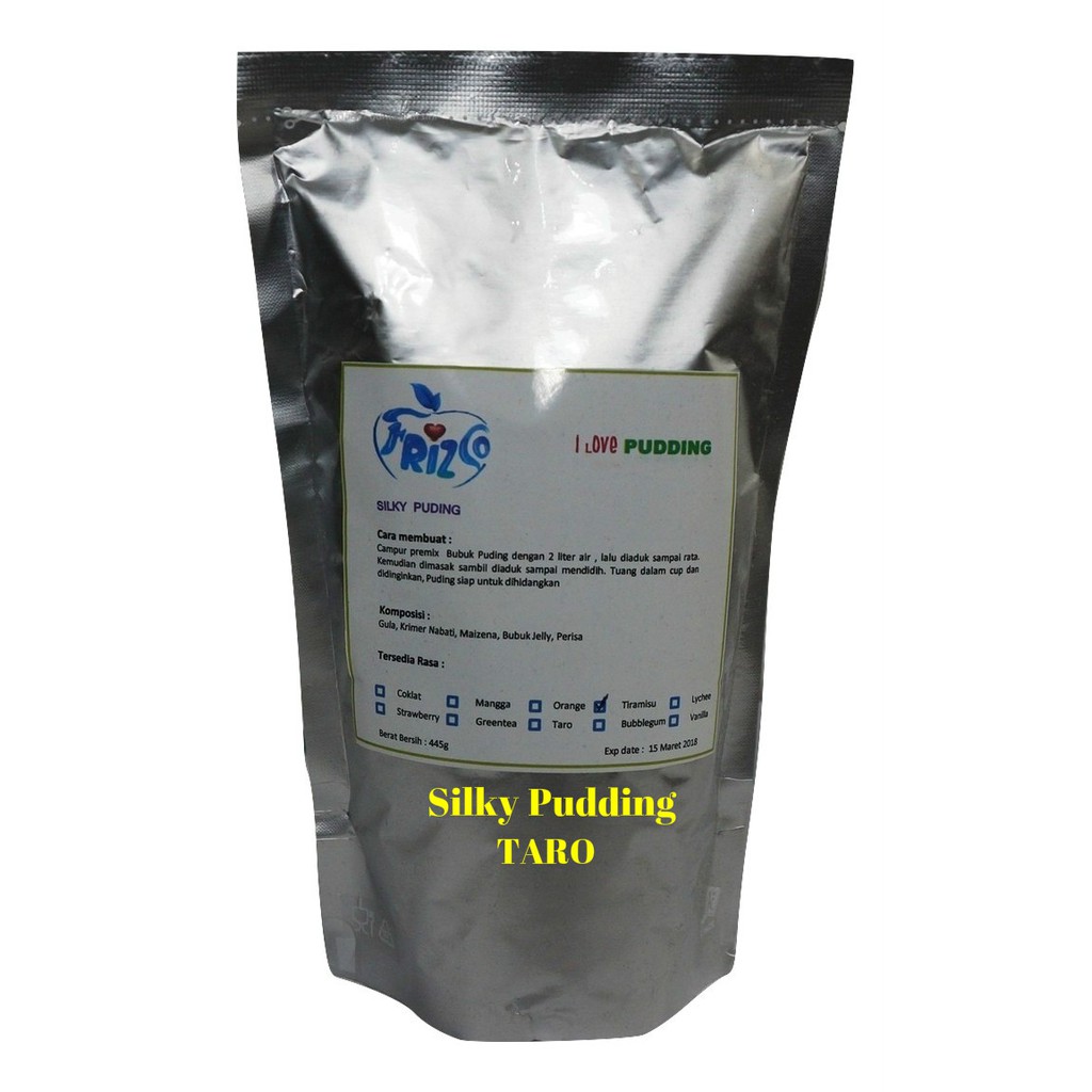 

Bahan FRIZCO SILKY PUDDING TARO ubi ungu 445gr Premix Instant Powder Podeng Puding Sutera