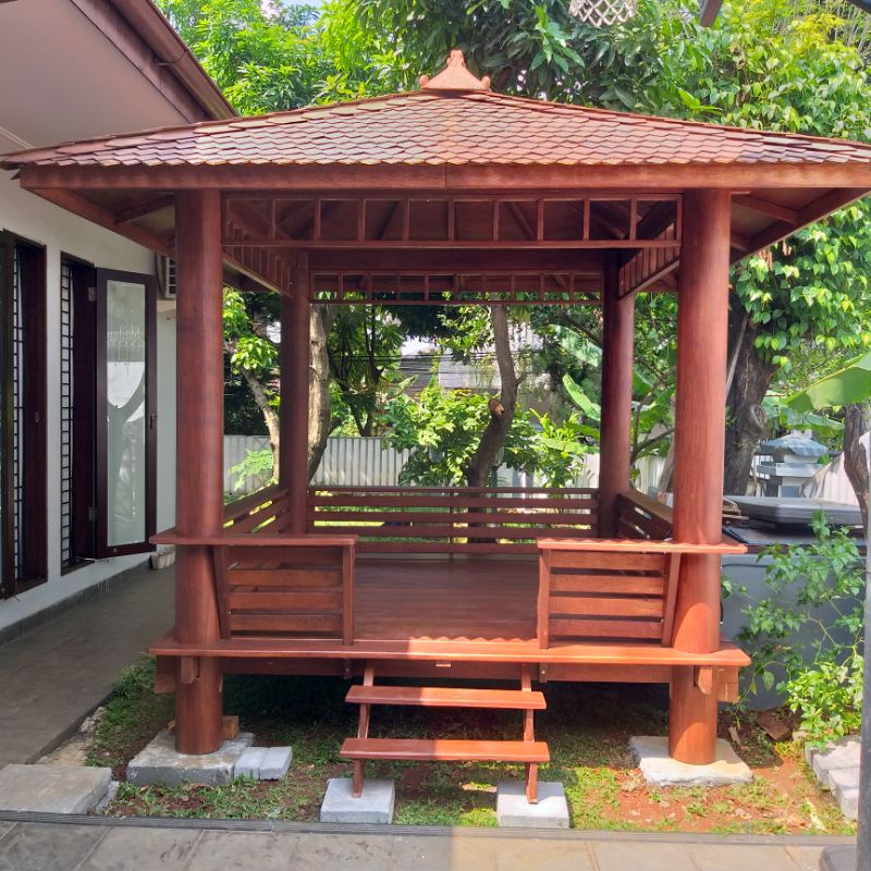 Gazebo kayu 2,5x2,5 meter Full Sandaran, Taman Rumah , Tempat Santai, Hiasan Taman Rumah Mewah