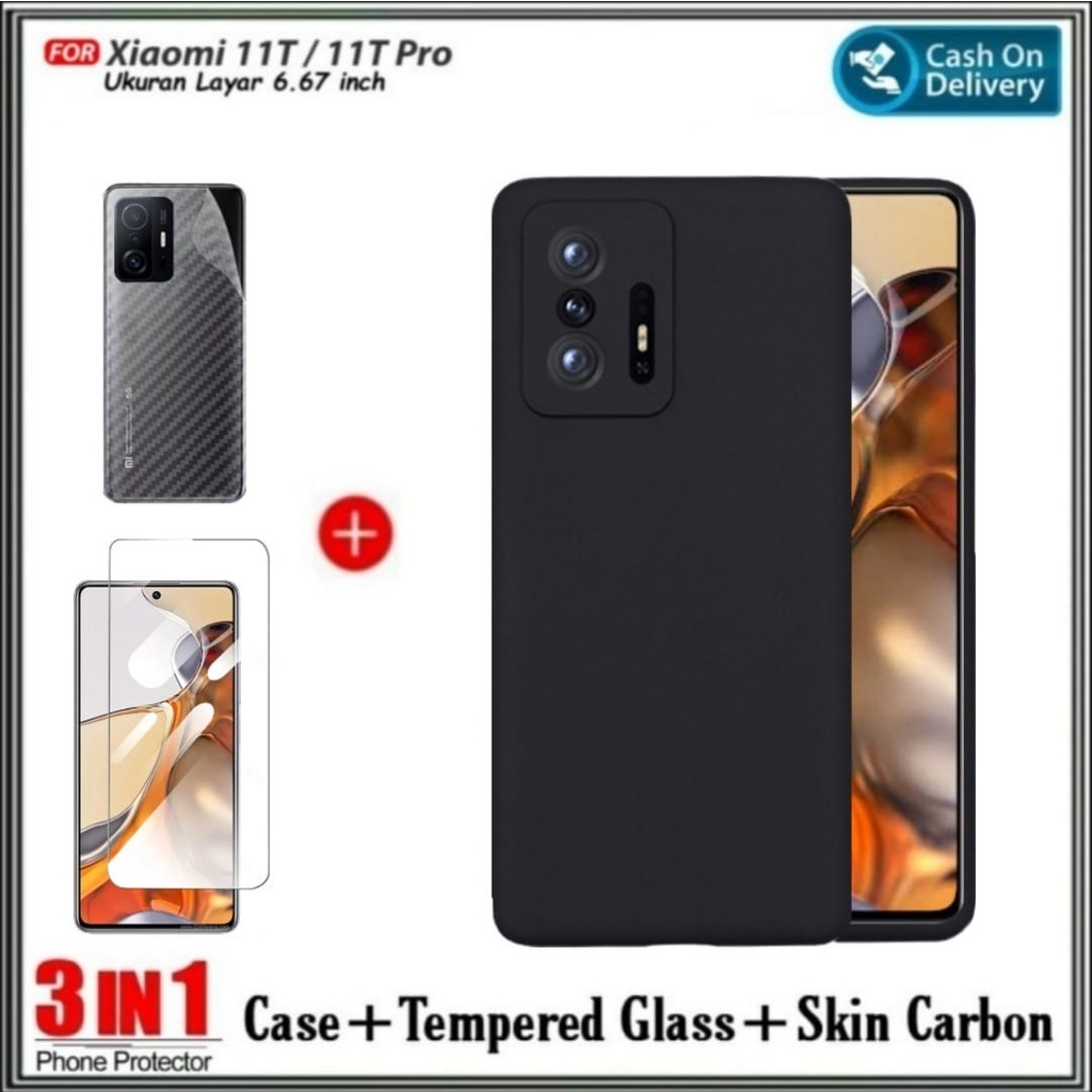 Case Xiaomi 11T / 11T Pro Casing Premium Free Tempered Glass + Garskin Carbon