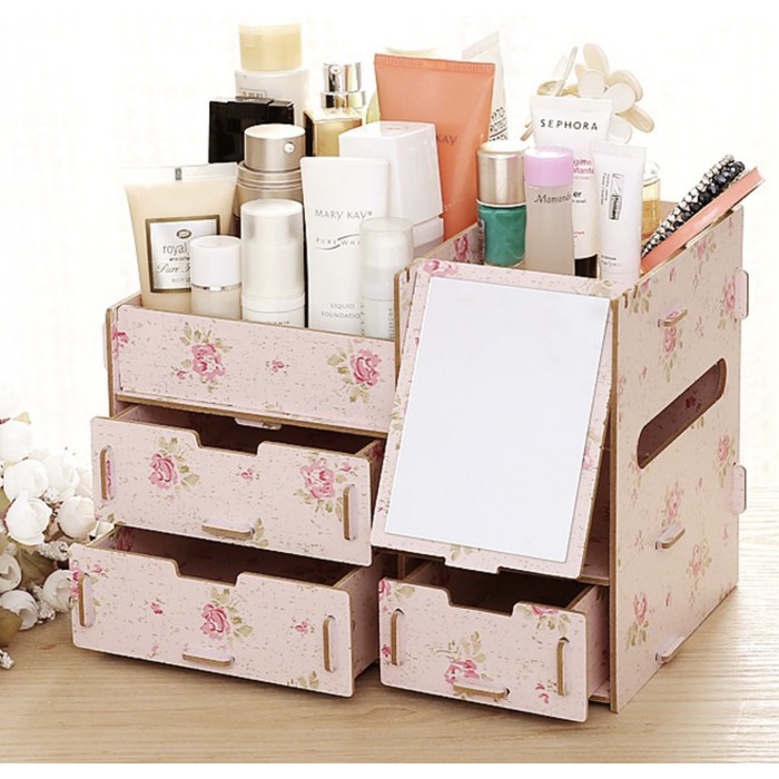 Rak Kosmetik Bahan Kayu CERMIN Desktop storage kotak Penyimpanan Sisir Parfum Bedak kalung Gelang