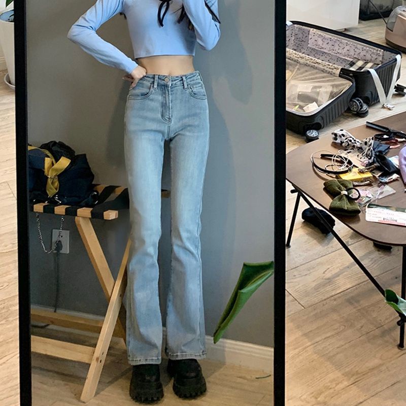 Cutbray korean high waist jens wanita biru muda celana jeans panjang wanita seksi