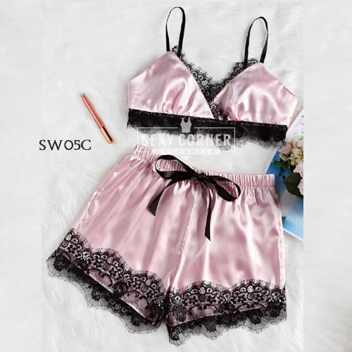 Setelan Tanktop / Baju Tidur Bikini Wanita Set Pink SW05C