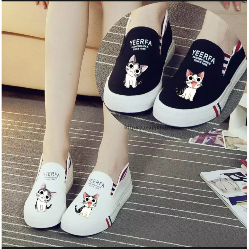 HD- SEPATU WANITA SLIP ON MEOW CAT PRINTING MURAH - HITAM PUTIH ABU DAN BIRU DONGKER