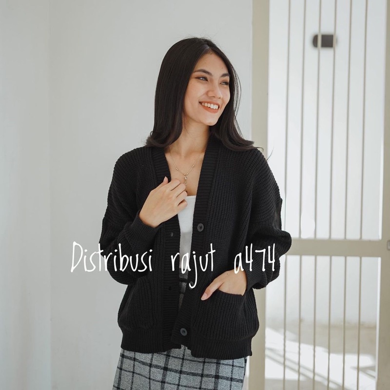 CARDIGAN SAKU OVERSIZE CROP POCKET SELLY RAJUT KANCING TEBAL LEMBUT