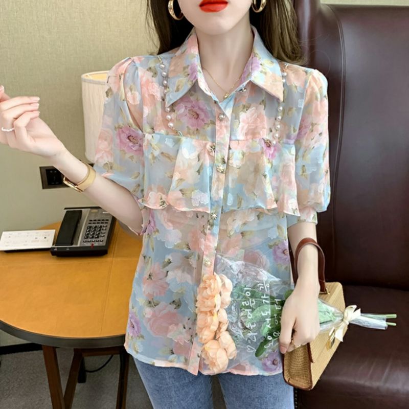 7842 Baju blus blouse blose turtel neck realpic motif bunga lengan pendek import impor cewek Korea K