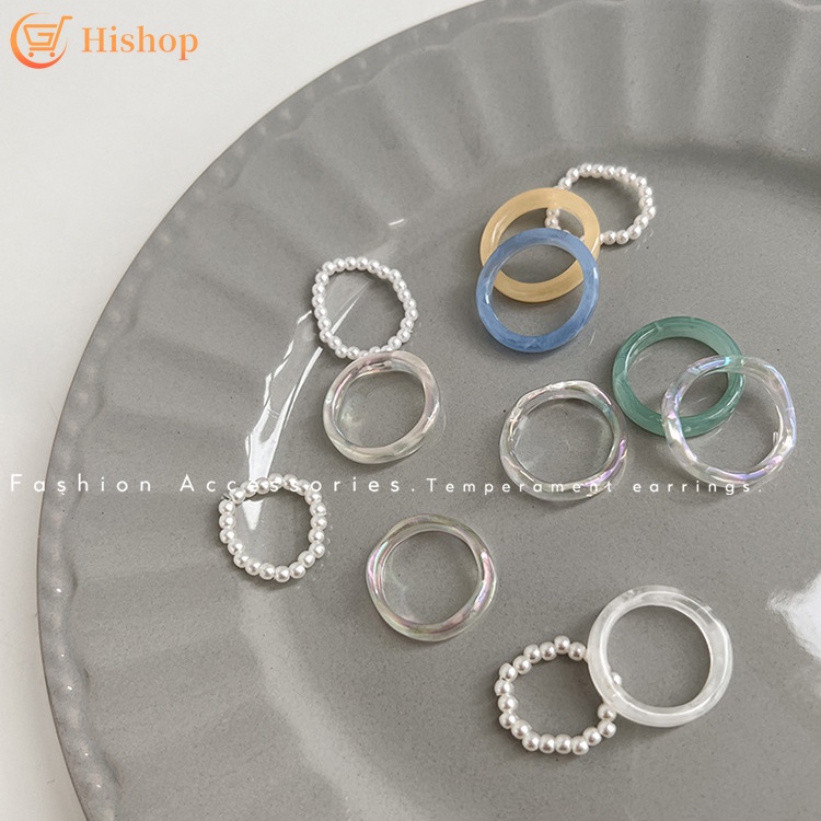 Set Perhiasan Cincin Mutiara Bahan Resin Untuk Wanita