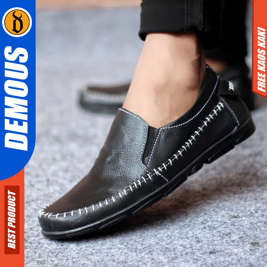 DOMOUSE KNIT Sepatu Casual Slip On Kulit Asli Slop Pria Hitam