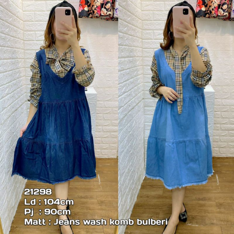 Mthreecollection/Bisa COD/Tunik Jeans Wanita Kombinasi Bahan Katun Kotak