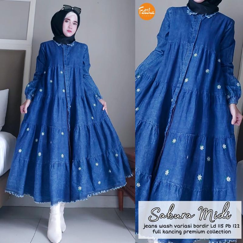 SAKURA MIDI ORIGINAL FATIHA BAHAN JEANS WASH VARIASI BORDIR// LD 115 PJ 122 FULL KANCING
