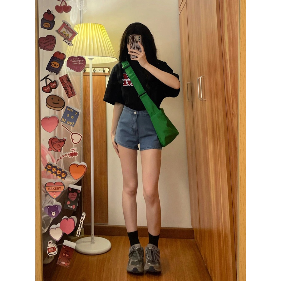 EUNII T-shirt Lengan Pendek Retro Cetak Huruf Bisbol M Longgar Korean Style/Kaos Atasan Wanita/Baju Kaus Oversize Wanita