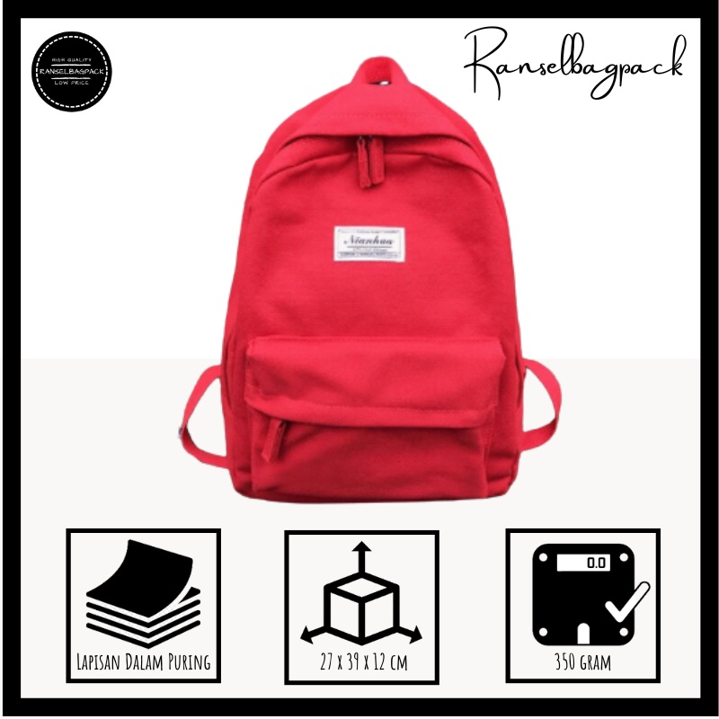 Tas Ransel Backpack Punggung Pria Wanita Sekolah Distro Polos Murah Terbaru Cewek Cowok Pria Wanita-Merah Lebel