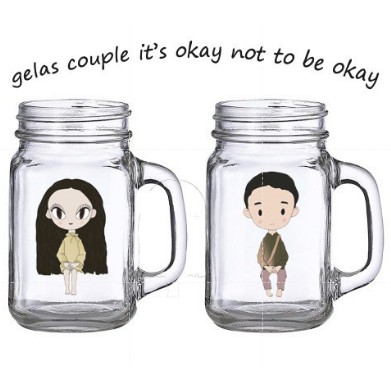GELAS KACA BENING JAR/ GELAS COUPLE/ MUG KARAKTER DRAMA KOREA IT'S OKAY TO NOT BE OKAY/ MUG TUTUP