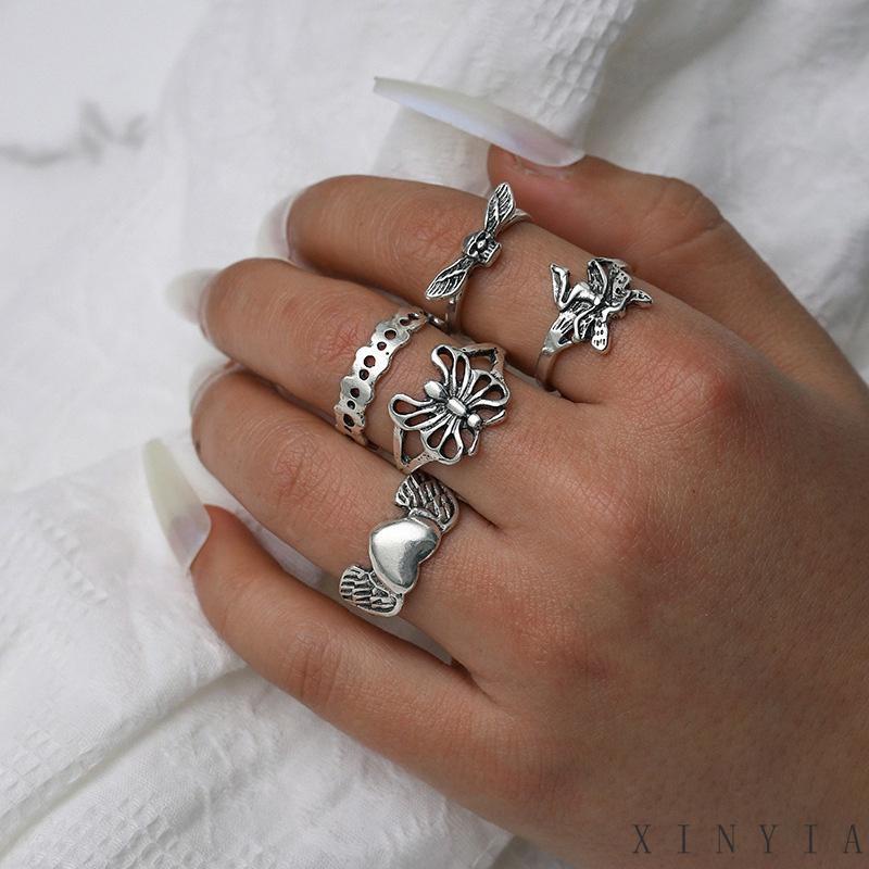 【COD】5pcs / Set Cincin Model Terbuka Desain Kupu-Kupu Hati Hollow Out Gaya Vintage