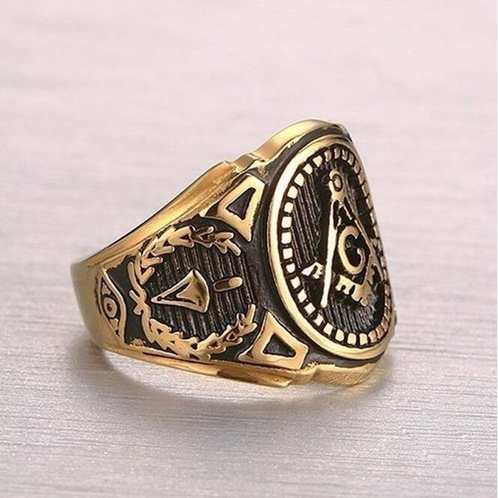 Cincin Jari  Baja Titanium Emas Perak Freemason Masonik Punk Fashion Pria Rings