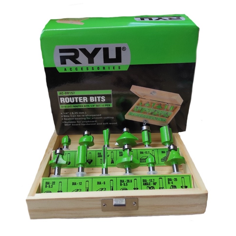 MATA PROFIL ROUTER KAYU SET 12 PCS RYU ROUTER BITS 1/4” SET