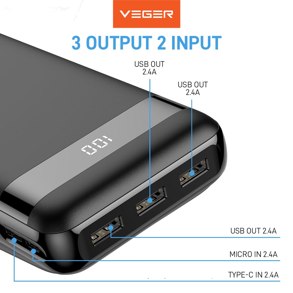 Powerbank Power Bank Veger V31 30000mAh 3 Ports USB Output 2.4A LED Digital Display