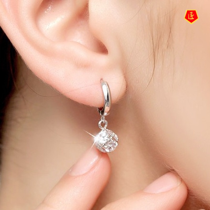 [Ready Stock]Simple Fashion Silver Six-Sided Gem Crystal Earrings