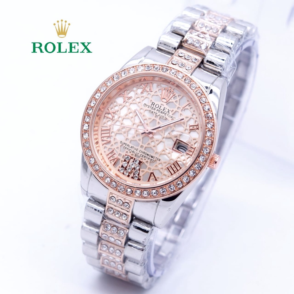 JAM TANGAN WANITA ROLEX RANTAI STAINLESS ROMAWI DIAMOND TANGGAL AKTIF FREE BOX DAN BATERAI || JAM TANGAN FASHION CEWEK MURAH JAM ROLEX