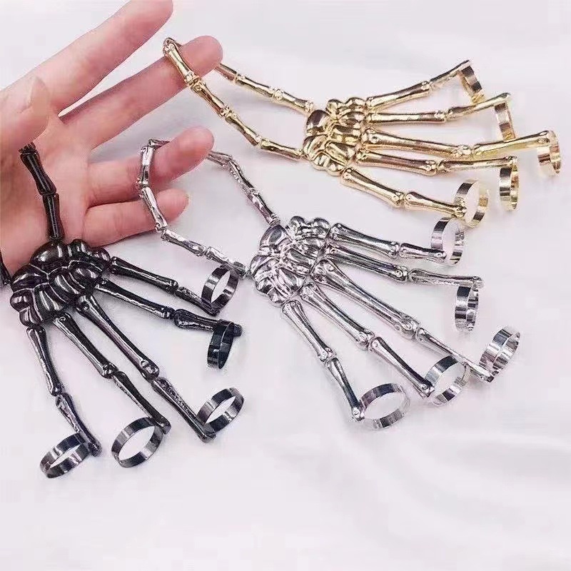 Gelang Cincin Rantai Adjustable Desain Kerangka Tulang Tangan Gaya Punk Untuk Dekorasi Halloween