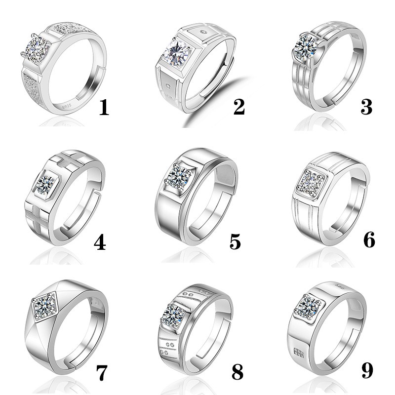 Cincin Silver S925 Pria Adjustable Hias Kristal Berlian Zirconia Untuk Pernikahan