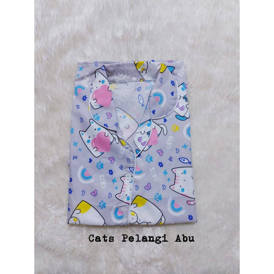 Setelan Piyama Baju Tidur PP High Quality Ld 104 Cm Dewasa-CATS PELANGI ABU