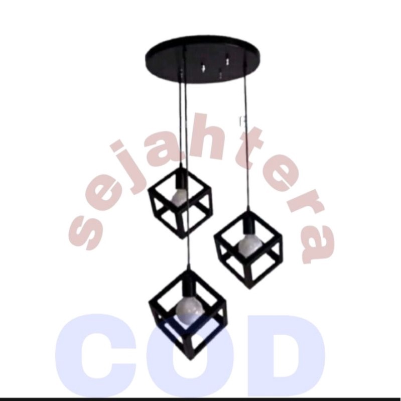 pulset lampu hias gantung 3 cabang bulat dekorasi rumah moderen kap bentuk kubus   /