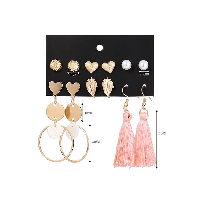 LRC Anting Set Fashion Gold Metal Leaf Pearl Shell Heart Shaped Tassel Stud Earring Set F76185