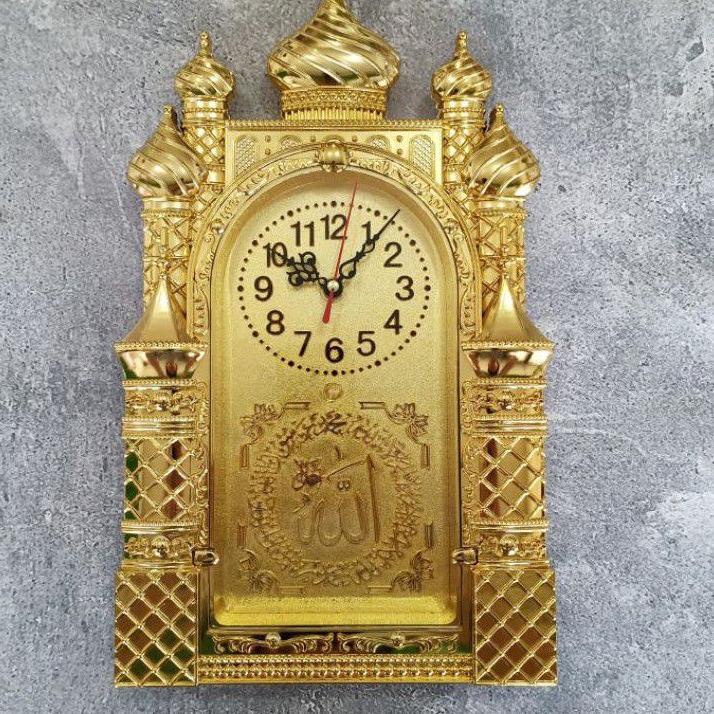 Serbuuuu.. Jam Dinding Kaligrafi Arab Bentuk Masjid Islam Ukir Allah Emas Gold