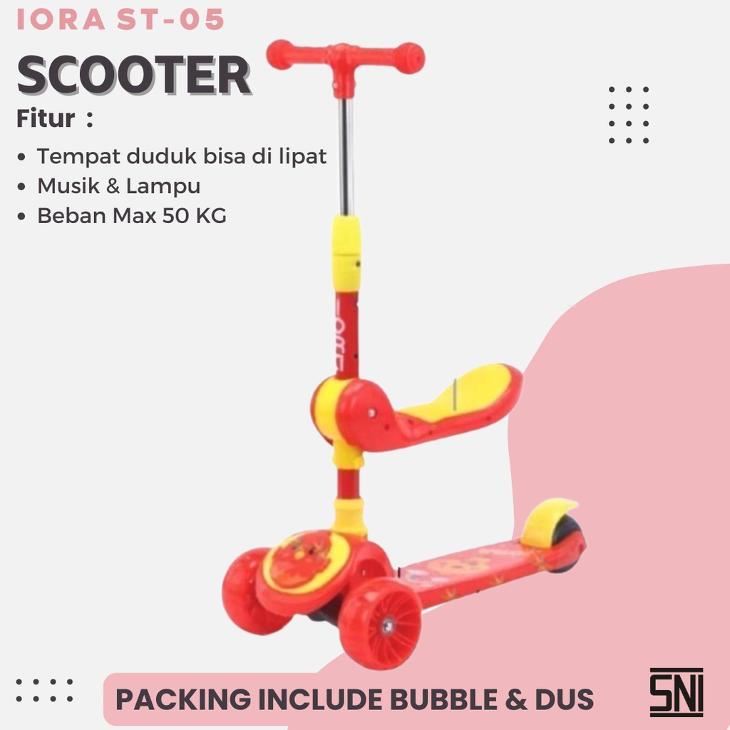 Premium Skuter Lipat Scooter Otopet Anak IORA ST05 Roda Tiga Dudukan Lampu Musik