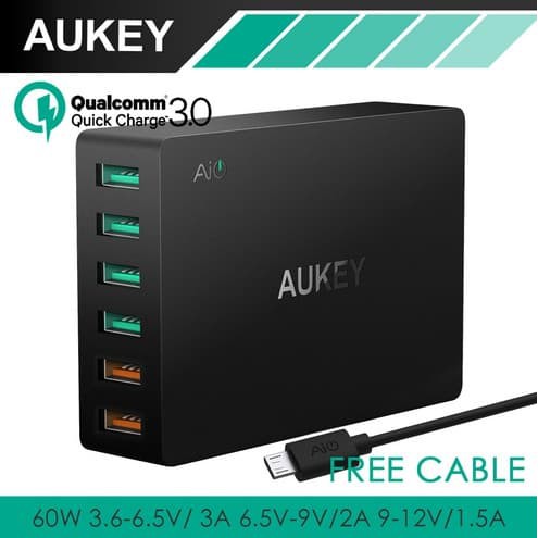 Aukey QC 3.0 Travel Wall Charger 6-USB Port Dual Port QC 3.0 - Hitam
