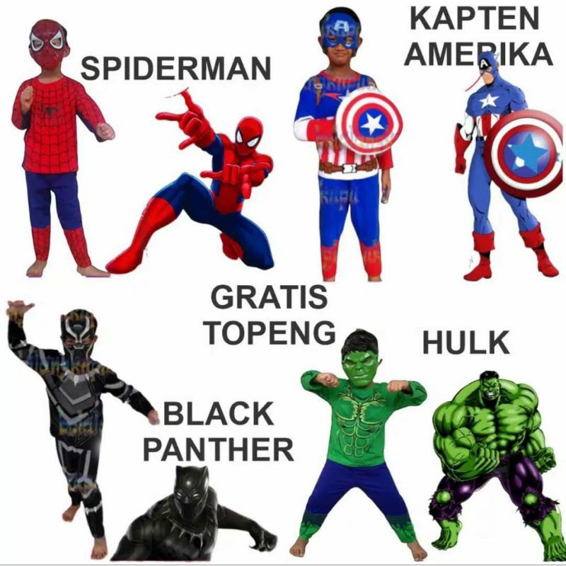 baju anak laki-laki superhero spidermen huluk captain amerika blackpenther