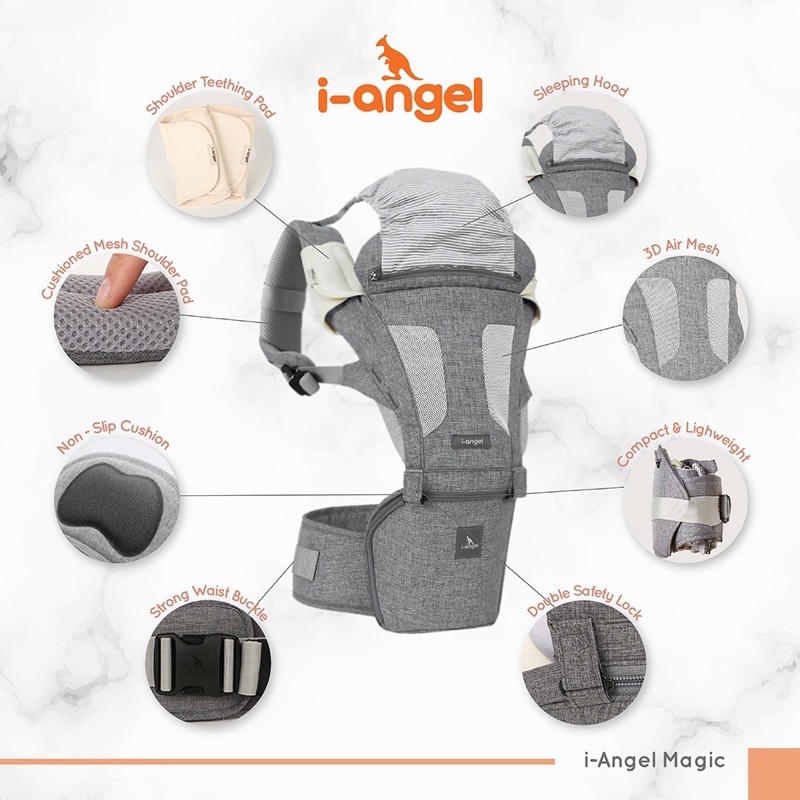 I-Angel Magic Hipseat Baby Carrier with Hood Grey - Gendongan bayi