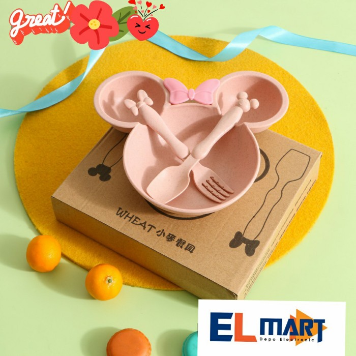 Elmart Piring Mangkok Karakter Mickey Minnie Set Wheat Straw Jerami