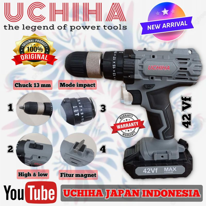 Promo Mesin Bor impact drill UCHIHA 42vf 13mm baterai cordless japan