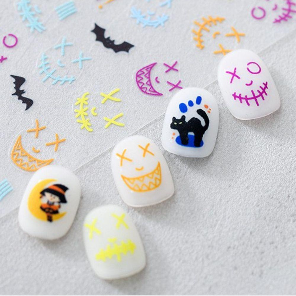 AUGUSTINA Agustina Halloween Nail Art Sticker Perekat 5D Timbul Tengkorak Labu Manicuring Sticker