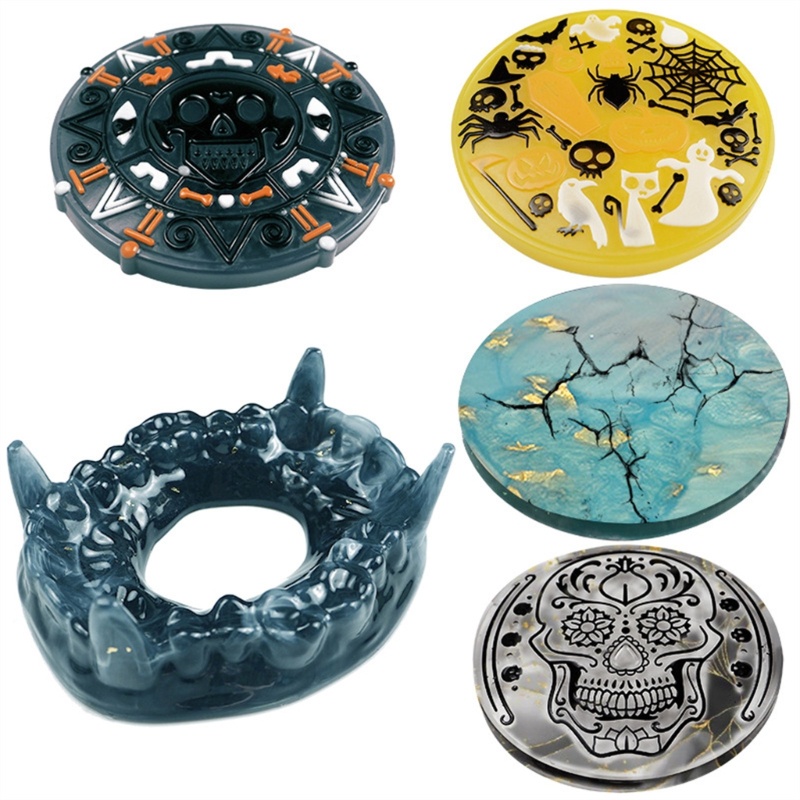 Siy 4pcs Cetakan Resin Bentuk Bulat Motif Halloween Bahan Silikon