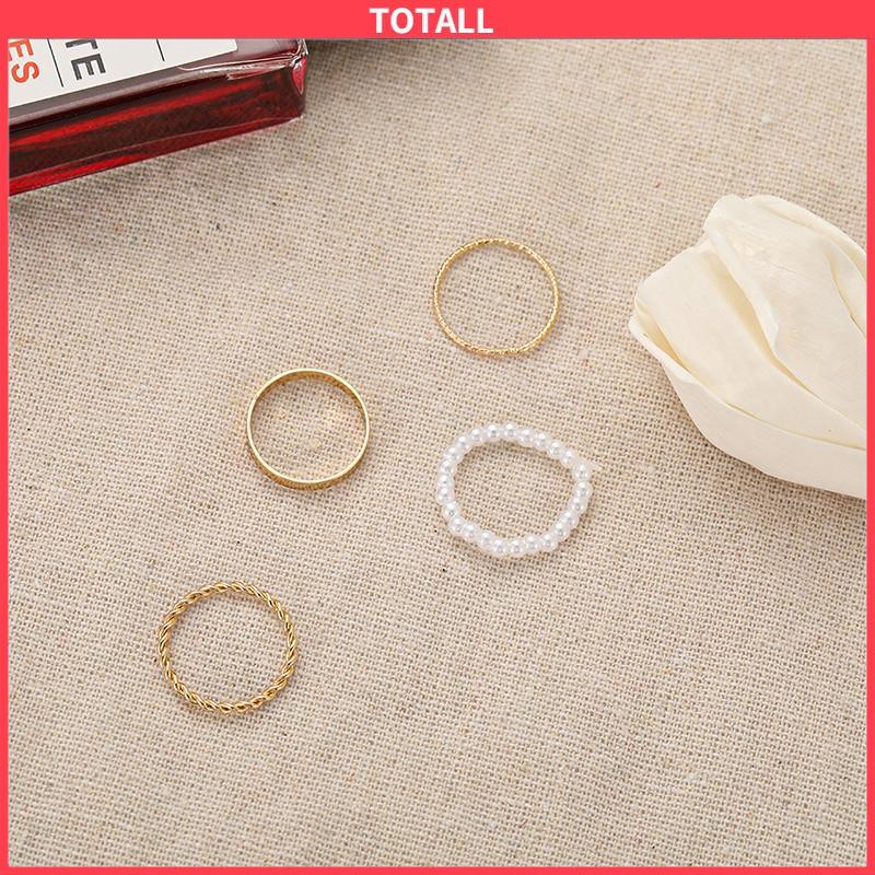 COD Korea Wanita Mutiara Cincin Wanita Emas Cincin Logam Set Fashion Perhiasan Aksesoris-Totall