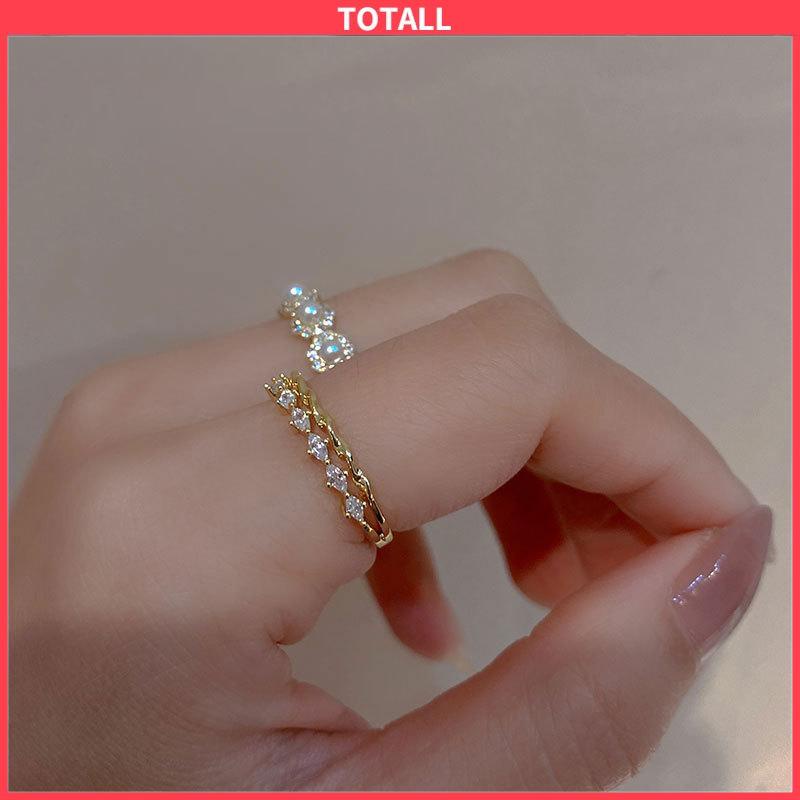 COD Double-layer Retro Pearl Diamond Ring Niche Light Desain Mewah Cincin Dapat Disesuaikan Terbuka-Totall