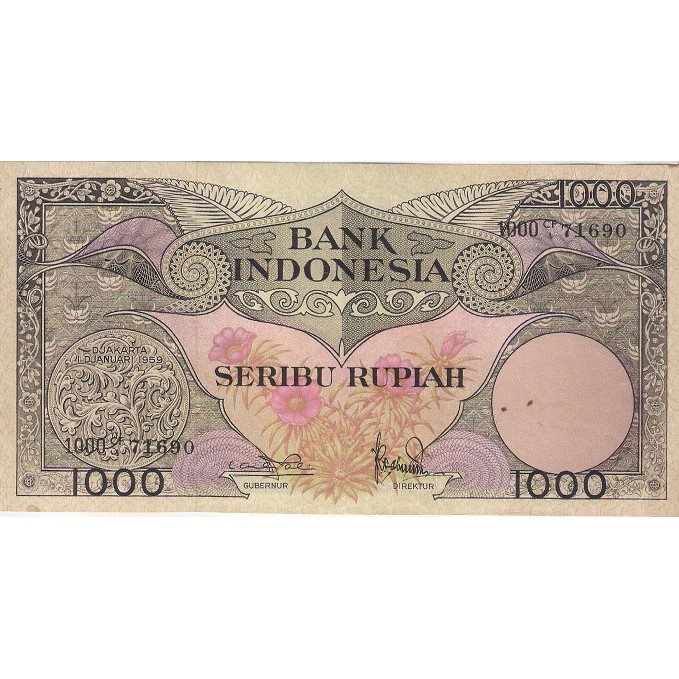 Uang Kuno  Langka1000 Rupiah Thn 1959 Seri Bunga 2 huruf kondisi EF